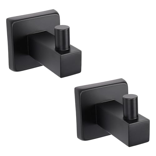 TocTen Paquete de 2 ganchos cuadrados para bata/toalla, de acero inoxidable 304, para colgar en la pared, ganchos de pared resistentes para baño, cocina, puerta trasera (negro mate)