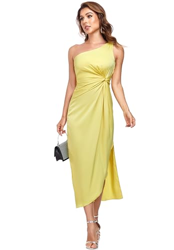 Image of Women's One Shoulder Satin Silk Backless Split Wrap Hem Twist Ruched Summer Party Cocktail Midi Dress