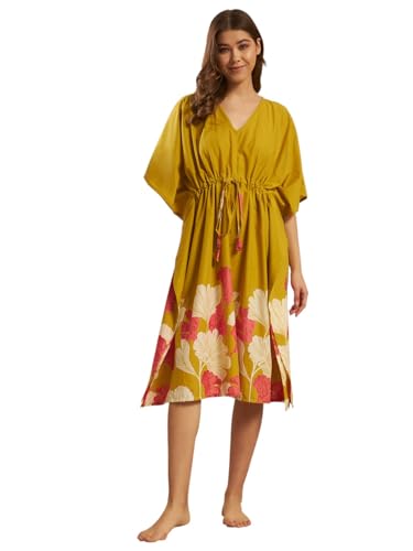 Image of Ravaiyaa Women Printed Cotton V-Neck Knee Length Kaftan Dress Nighty