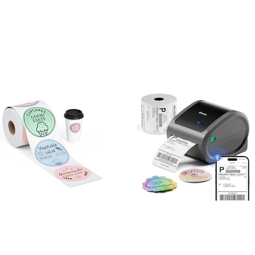 Image of Bluetooth Shipping Label Printer with 1 Roll Labels & 400PCS 4 Color Circle Thermal Labels, Compatible with USPS, Tiktok, Amazon
