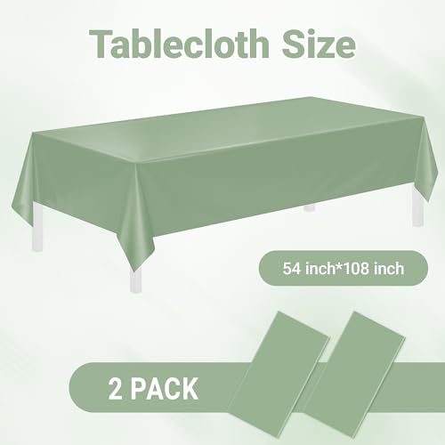 Image of Childom 2 Pack Sage Green Tablecloths,54 inchx108 inch Plastic Table Cloth Disposable for Rectangle Tables,Sage Green Table Cover for Dinner Outdoor Picnic Birthday Bridal Wedding Baby Shower Party Decoration