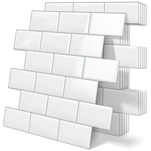 Tiwoos 10 Credence Adhesive Adhesif Mural pour Cuisine Autocollant Carrelage Salle de Bain,Blanc (30.5x 30.5cm)
