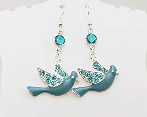 Blue Birds Rhinestones Enamel Charms Dangle Drop 925 Stamped Hooks Women