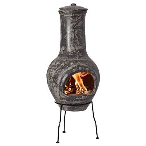 Gray Outdoor Clay Chiminea Fireplace Stoney Scribbled Design Charcoal Burning Fire Pit with Sturdy Metal Stand, Barbecue, Cocktail Party, Family Gathering, Cozy Nights Fire Pit