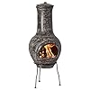 Gray outdoor clay chiminea fireplace stoney scribbled design charcoal burning fire pit with sturdy metal stand barbecue cocktail party family gathering cozy nights fire pit  urban country home decor