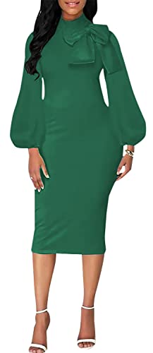 Image of Sexy Long Sleeve Dress for Women Solid Color Bow Knot Turtleneck Formal Gown Midi Casual Church Dresses