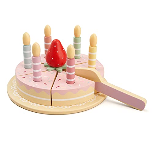 Hooga Wooden Birthday Cake Toy Pretend Play Food Toys for Kids Pretend Role Play DIY Birthday Cutting Toy Cake Gift for Kids Boys & Girls with Removable Candles & Strawberry Decoration - Pink