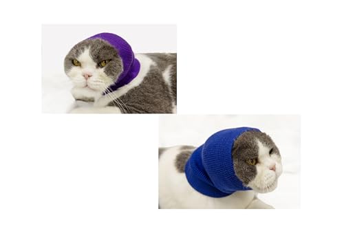 Image of Cat Head Cover Ear Wrap Pinpoint Mesh Neck Cowl Cat Grooming Headband Snood for cat Purple+Blue S