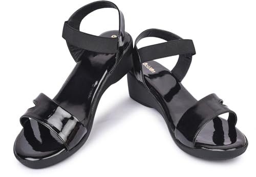 Image of Action Women's Patent Platform Sandals|Open Toe| Elastic Ankle Strap| Wedge Heel Black
