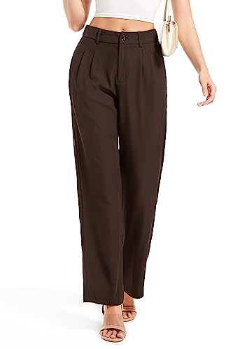 Women's Casual Straight Trousers High Waisted Button Work Office Dress Pants with Pockets (Brown,Small Short)3