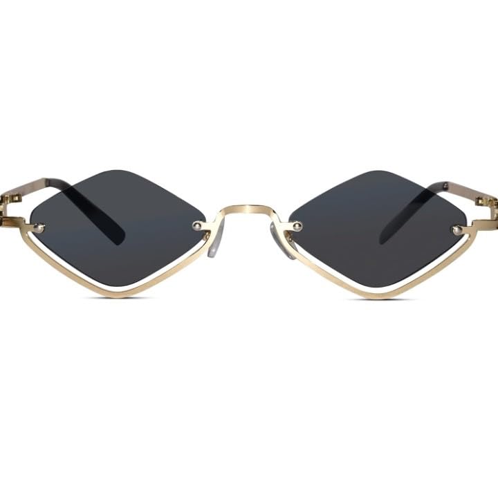 Rimless Diamond Shape Sunglasses, Gold Metal Frame, Dark Lens, Stylish Unisex Eyewear-picture-18