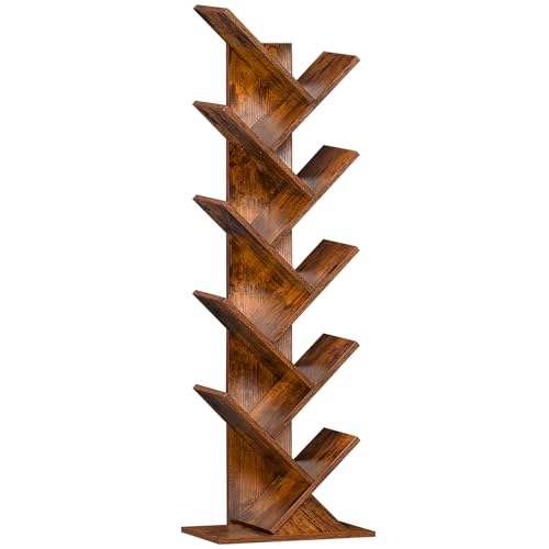 10 Tier Tree Book Shelf, Floor Standing Wood Bookshelf for Narrow Space, Storage Organizer Bookshelves for Books/CDs/Magazine, Bookcase with Shelves for Home Office, Living Room – Brown