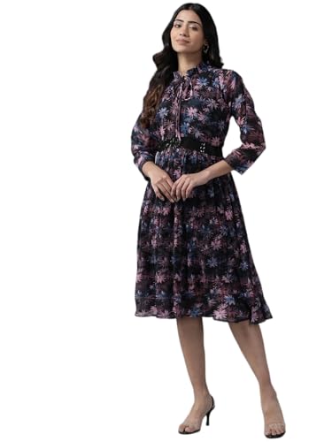 Image of Aarika Womens Black Colour Floral Print Georgette Dress