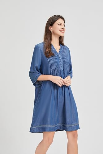 Image of KYAL Women's Denim Short Summer Dress V-Neck Mid-Sleeve Shift Casual Relaxed Beach Party Flowy Dress