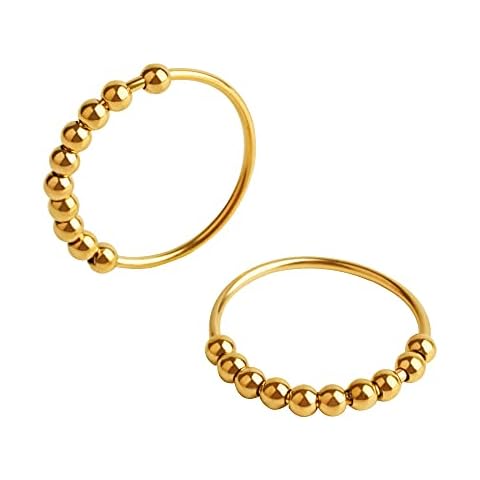2 Pcs Anxiety Rings Set 316L Stainless Steel Spinning Fidget Rings for Anxiety for Women and Men Anti Anxiety Ring with Beads, Stainless Steel, stainless steel Cover