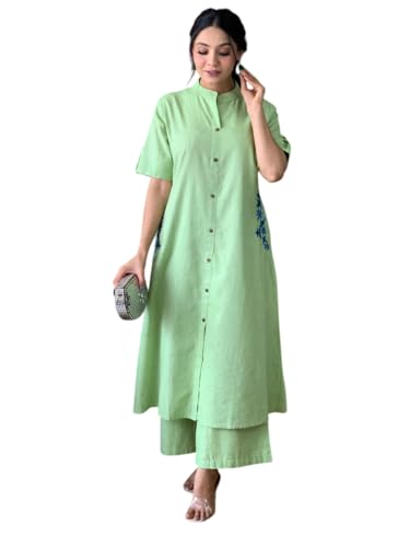 Image of Women's Cotton Embroiderd Long A-Line Kurti with Palazzo