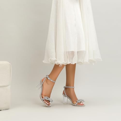 Amoji Women 3 Inch Clear Heels Rhinestone Bowk Block Heeled Sandal 3373