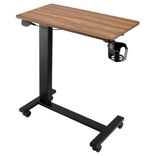 Happybuy Overbed Table: A Mobile Marvel! Equipped with 4 Wheels and an Electric Lifting System. Features a Cup Holder and Adjustable Height. Wood + Black Design—Perfect for Home, Office, and Study!