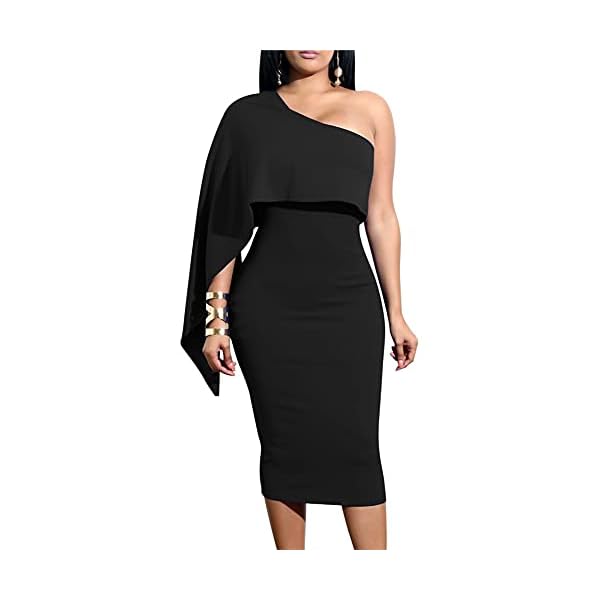 GOBLES-Womens-Summer-Sexy-One-Shoulder-Ruffle-Bodycon-Midi-Cocktail-Dress GOBLES Women's Summer Sexy One Shoulder Ruffle Bodycon Midi Cocktail Dress Black