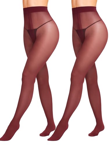 HONENNA Sheer Red Tights for Women 2 Pairs Ultra Thin Reinforced T Crotch Control Top Pantyhose Stockings