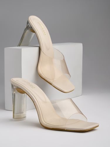 Image of Shoetopia Women's Transparent Block Heels | Stylish Square Toe Slip-On Party Comfortable Sandals