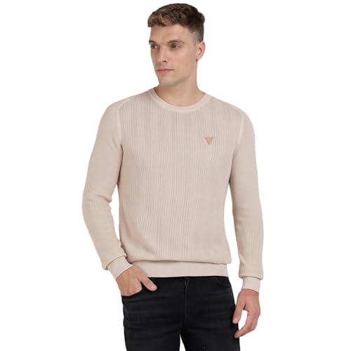 Image of GUESS Beige Cotton Blend Textured Pullover Sweater