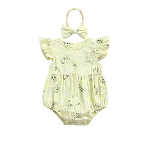 partclots Newborn Infant Baby Girl Sleeveless Romper Toddler Girls Floral Jumpsuit Bow Headband Summer Outfits (Yellow, 0-6 Months)