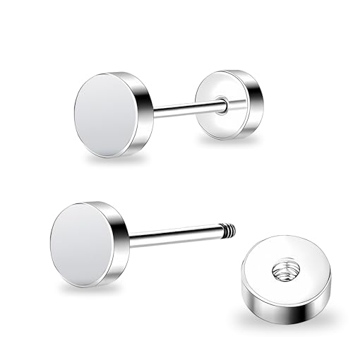 ZDE Women Earrings Flat Back Dot Earrings Titanium Hypoallergenic Cartilage Non-Nickel Earrings Studs for Sensitive Ears Simple Classic 3mm/4mm/5mm/6mm Screw On Stud Earring