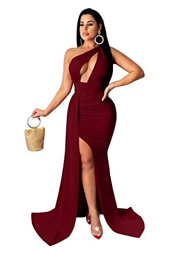Image of LAGSHIAN Women Sexy Elegant One Shoulder High Split Cutout Long Evening Dress