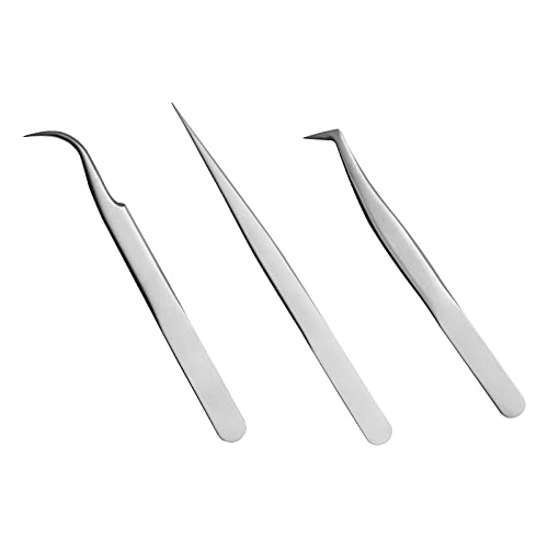 Quewel Lash Eyelash Extension Tweezers Set Eyelash Applicator Tool Curved and Straight pointed Tweezers Lash Extension Supplies Stainless Steel Precision Tweezers Silver (Matte,3 pcs)