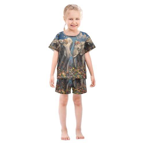 ALAZA Elephant Sky Flower Pajamas Set Short Sleeve Cotton Sleepwear Summer Pjs 2 Piece 5-14Y3