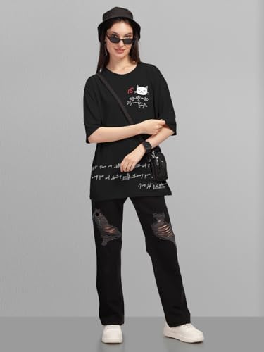 Image of HELLCAT Beige Trendy Printed Oversized T-Shirt for Women