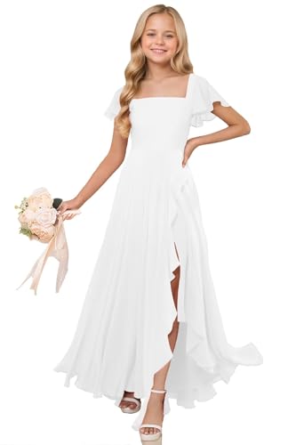 LECOYOYO Vestido de dama de honor junior de gasa para niña de flores, vestido para boda, mangas hinchadas, vestidos para niñas, Blanco, 10 años