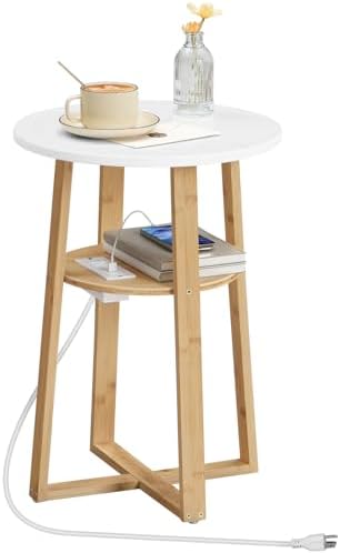 HOOBRO Round Side Table with Charging Station, Round Accent End T...