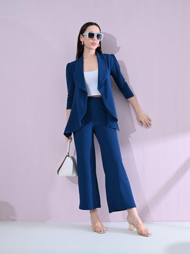 Image of Women's Solid Relaxed Fit 3 /4 Sleeve Cotton Blend Co-ord Blazer and Trouser Set