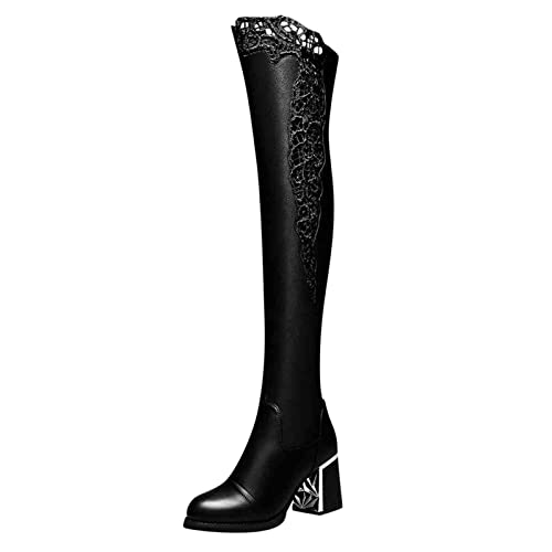 Bottes hautes pour femmes en cuir au bout rond confortable et talon carré