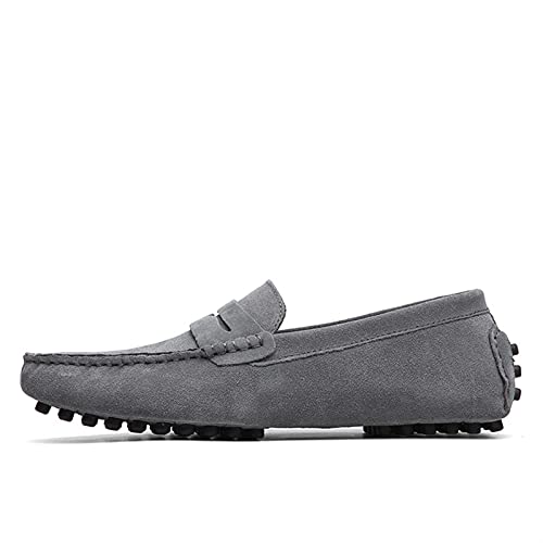 HOOENG Driving Moccasins for Men Suede Vamp Stitching Details Genuine Leather Soft Comfortable Flat Heel Resistant Casual Slip on (Color : Grey, Size : 14) - Main Image