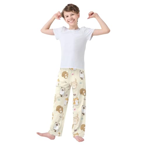 Boys' Pants Cute Cartoon Cat Yellow Long Bottoms Jogger Pants Elastic Waist Trousers with Pockets S-XL2
