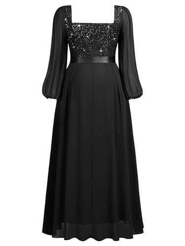 Image of MISSMAY Women's Plus Size Sequin Lace Square V Neck Sheer Long Sleeves Formal Evening Chiffon Long Dress