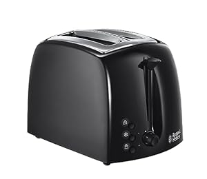 Russell Hobbs Textures 2 Slice Toaster (Extra Wide Slots, 6 Browning levels, Frozen, cancel & reheat function with indicator lights, Removable crumb tray, 850W, Black matt & high gloss finish) 21641