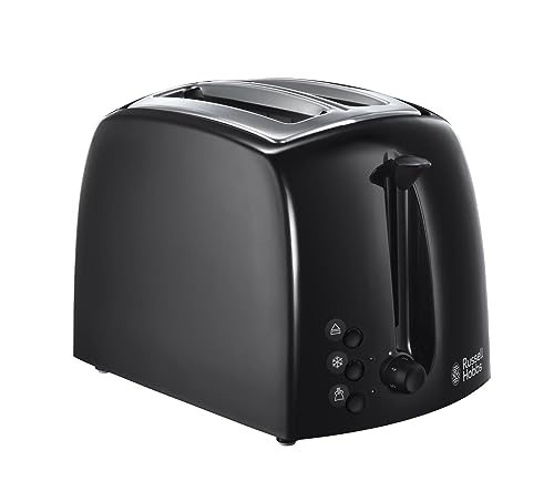 Russell Hobbs Textures 2 Slice Toaster (Extra Wide Slots, 6 Browning levels, Frozen, cancel & reheat function with indicator lights, Removable crumb tray, 850W, Black matt & high gloss finish) 21641