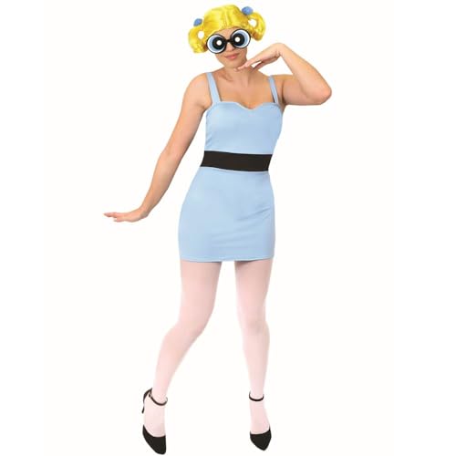 DISFRAZ OFICIAL DE POWERPUFF GIRLS BUBBLES CON LICENCIA. TRAJE ICÓNICO DE PERSONAJE DE DIBUJOS ANIMADOS DE LOS 90 VESTIDO AZUL, MEDIAS BLANCAS, GAFAS AZULES Y PELUCA. TALLA: PEQUEÑO