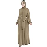 Women Muslim Dress Middle East Arabian Robe Islamic Modest Dress with Hijab Scarf Lace Sleeve Flowy Abaya Dress Khaki