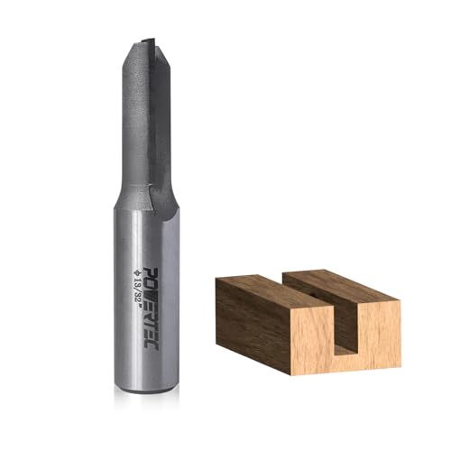 POWERTEC Tungsten Carbide Tipped Double Flute Straight Router Bit, 1/2" Shank, 13/32" Cutting Dia., 1-1/32" Cutting Length, Woodworking Router Bits for use on Router Table and Router Tool (73063)