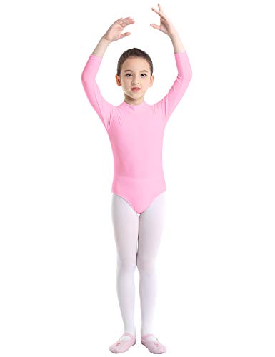 QinCiao Girls Kids Basic Stretch Long Sleeve Mock Turtle Neck Leotard Gymnastic Ballet Dance Leotard Active Top T-Shirt Pink 5-6