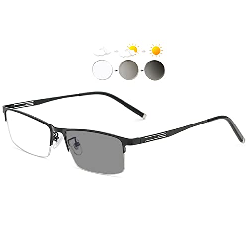 KOOSUFA Photochromic Reading Glasses Sun Readers Eyeglasses Semi Rimless Lightweight UV Protection Sunglasses Eyewear for Men Women 2 in 1 Lenses Darken In Sunlight Black 2.5