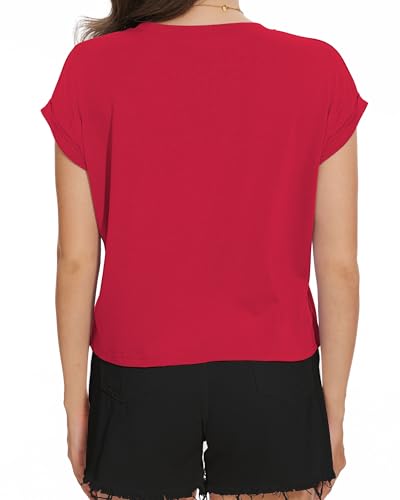 Image of Womens Crop Tops Summer Roll Cap Sleeve Cropped Tshirt Loose Fit Basic Tees