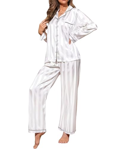 Womens Satin Pajamas Set 2 Piece Lounge Sets Silk Pjs Striped Loungewear Button Down Sleepwear