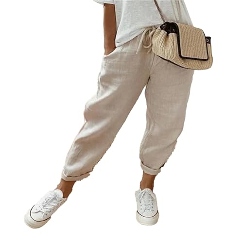 Generic Womens Casual Linen High Waist Pants Drawstring Loose Fit Summer Flowy Beach Palazzo Trousers with Pockets