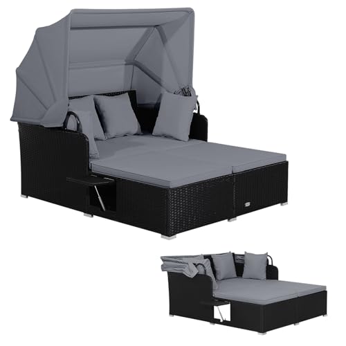 LIFEZEAL Chaise Longue Bain de Soleil à 2 Places, Canapé-lit de Jardin Extérieur avec Pare-Soleil, Transat en Rotin PE avec Coussin et Petite Table Basse,...